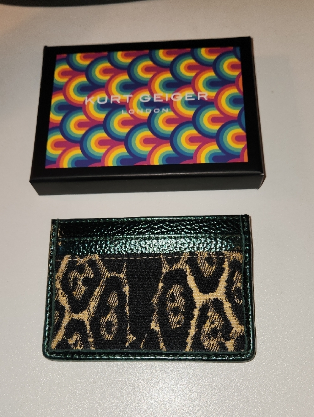 Kurt Geiger Metallic Green Leather & Leopard Cardholder - Picture 2 of 5